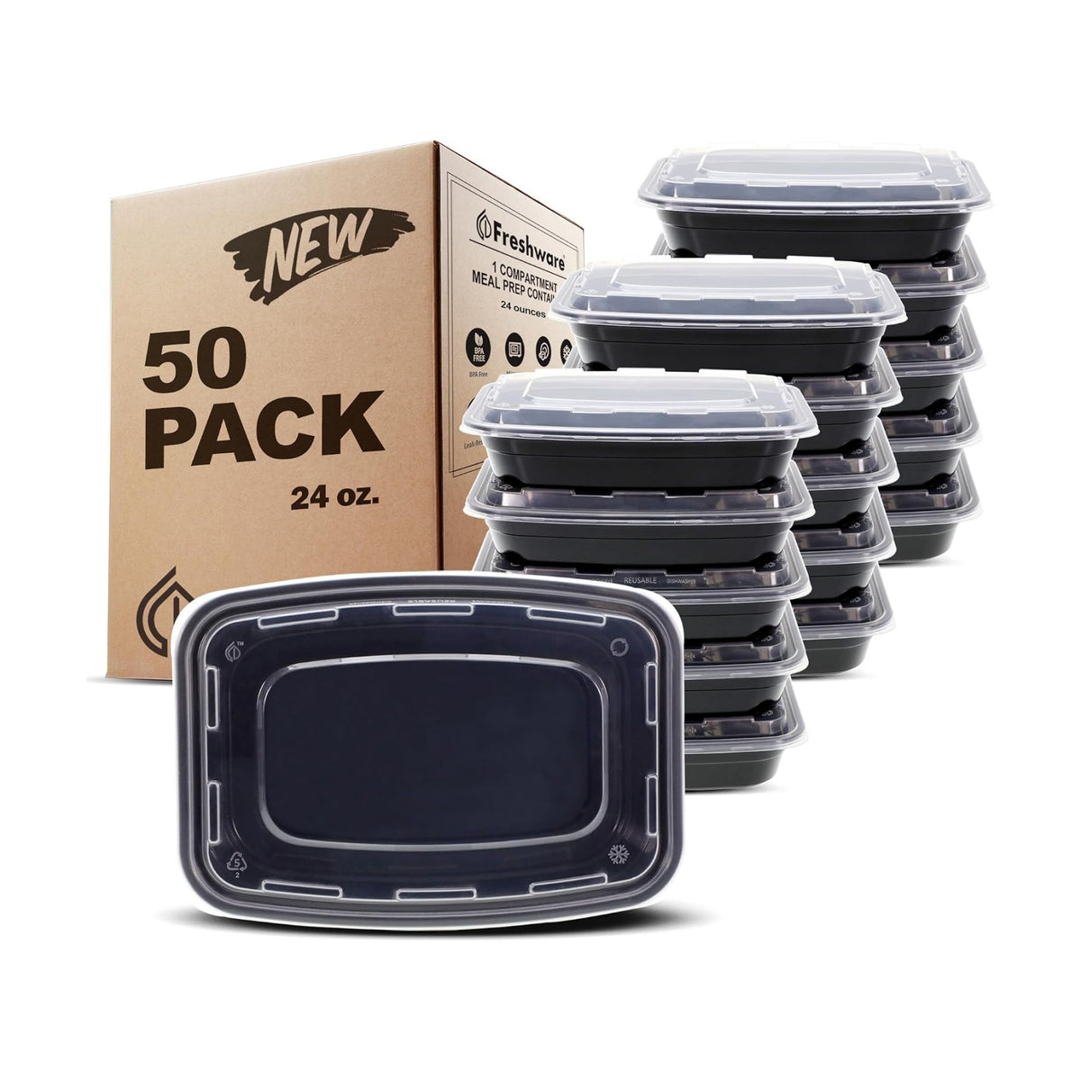 Freshware Meal Prep Containers 1 Compartment with Lids, Food Storage Containers, Bento Box, BPA Free, Stackable, Microwave/Dishwasher/Freezer Safe,24OZ (Pack of 300)