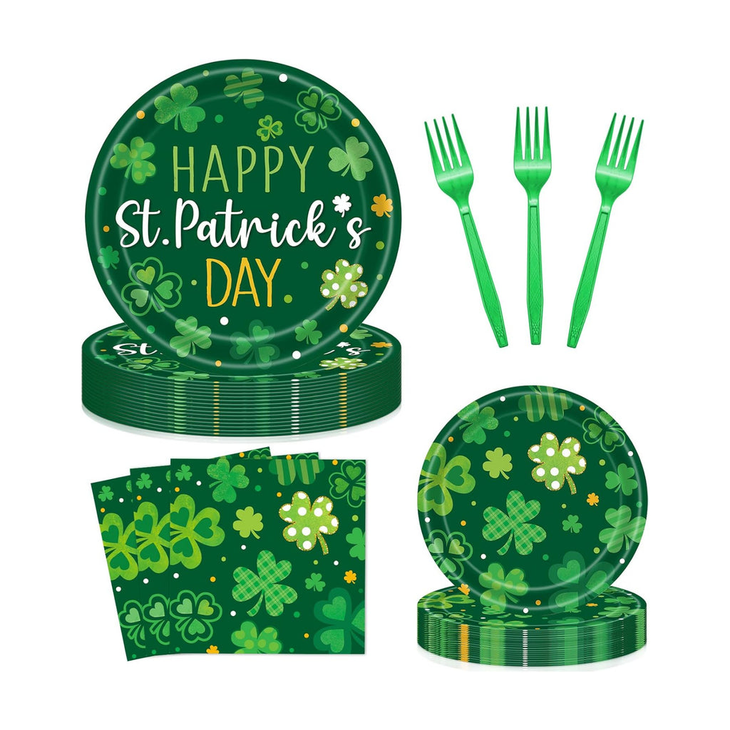 96 Pieces Happy St. Patrick's Day Plates and Napkins Tableware Set, Green Shamrock Lucky Disposable Dinnerware with Paper Plates, Napkins, and Forks for St Patrick Day Irish Party Supplies- Serves 24