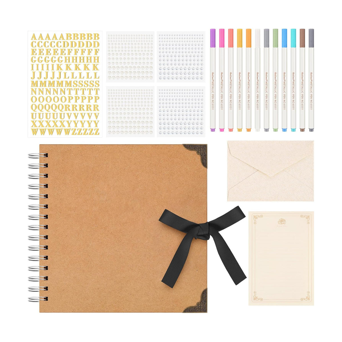 DIY Scrapbook Photo Album Kit 8 x 8 Inch Guest Book Memory Journal with Pens, Envelope, Letter Paper, Pearl Stickers, Metallic Letters for Birthday Wedding Graduation Anniversary