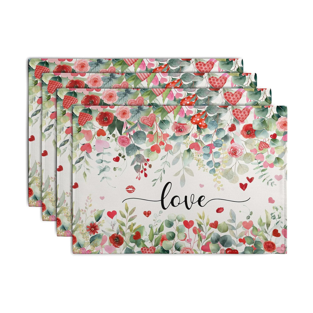 Valentines Day Love Heart Rose Placemats Set of 4 Valentine Eucalyptus Leaves Linen Table Mats Heat 12x18 Inch Spring Resistant Washable Table Mats for Kitchen Dining Decoration