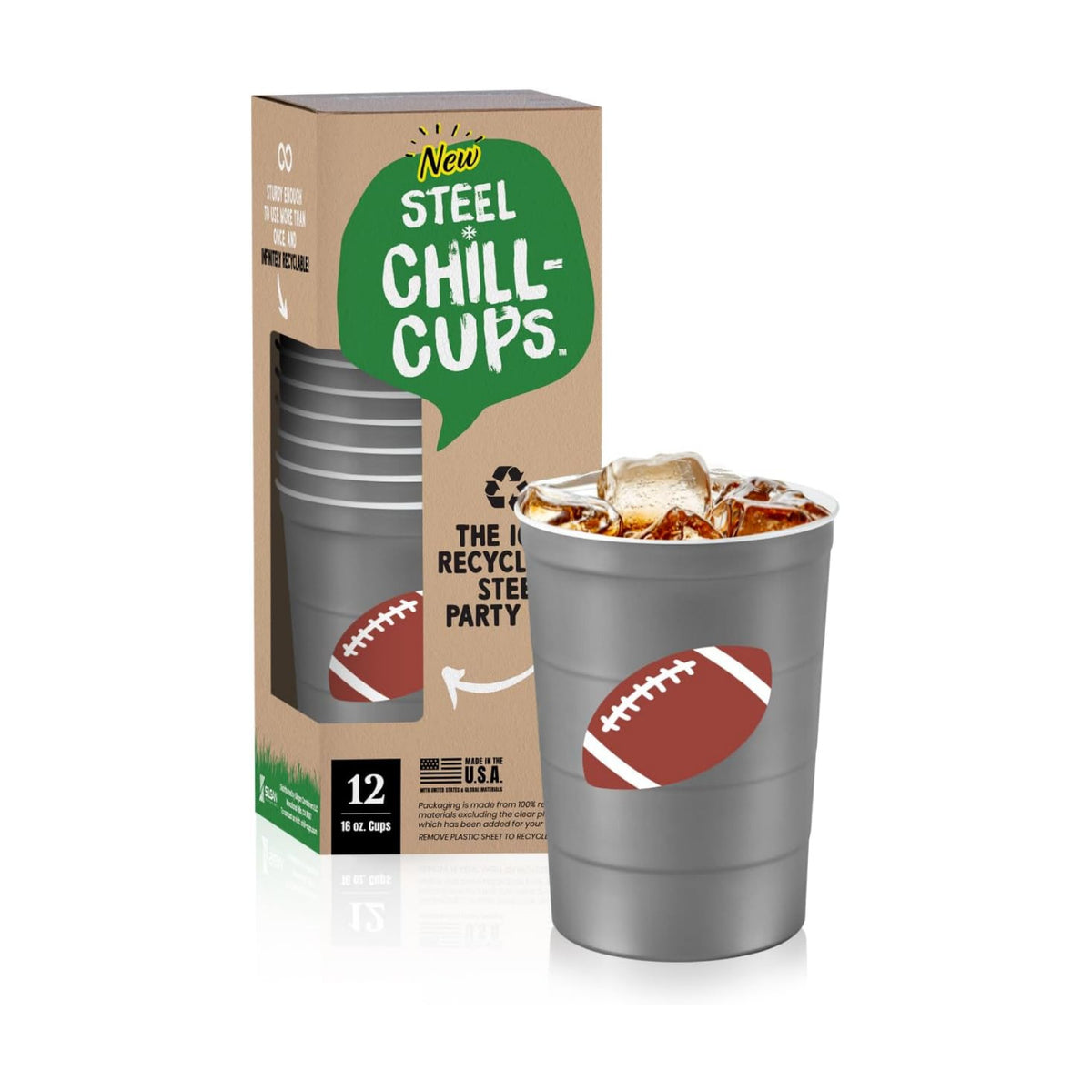 Steel Chill Cups 16 oz. Reusable Party Cups, Football, Gray, 12 Count
