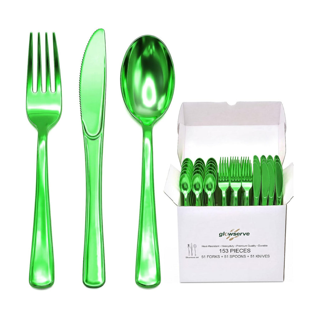 Glowserve 153 Pack Green Disposable Plastic Silverware Set Cutlery Set