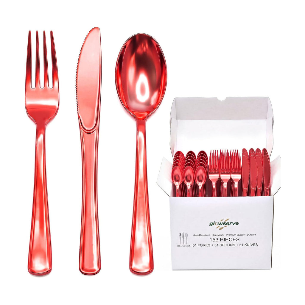 Glowserve 153 Pack Red Disposable Plastic Silverware Set Cutlery Set