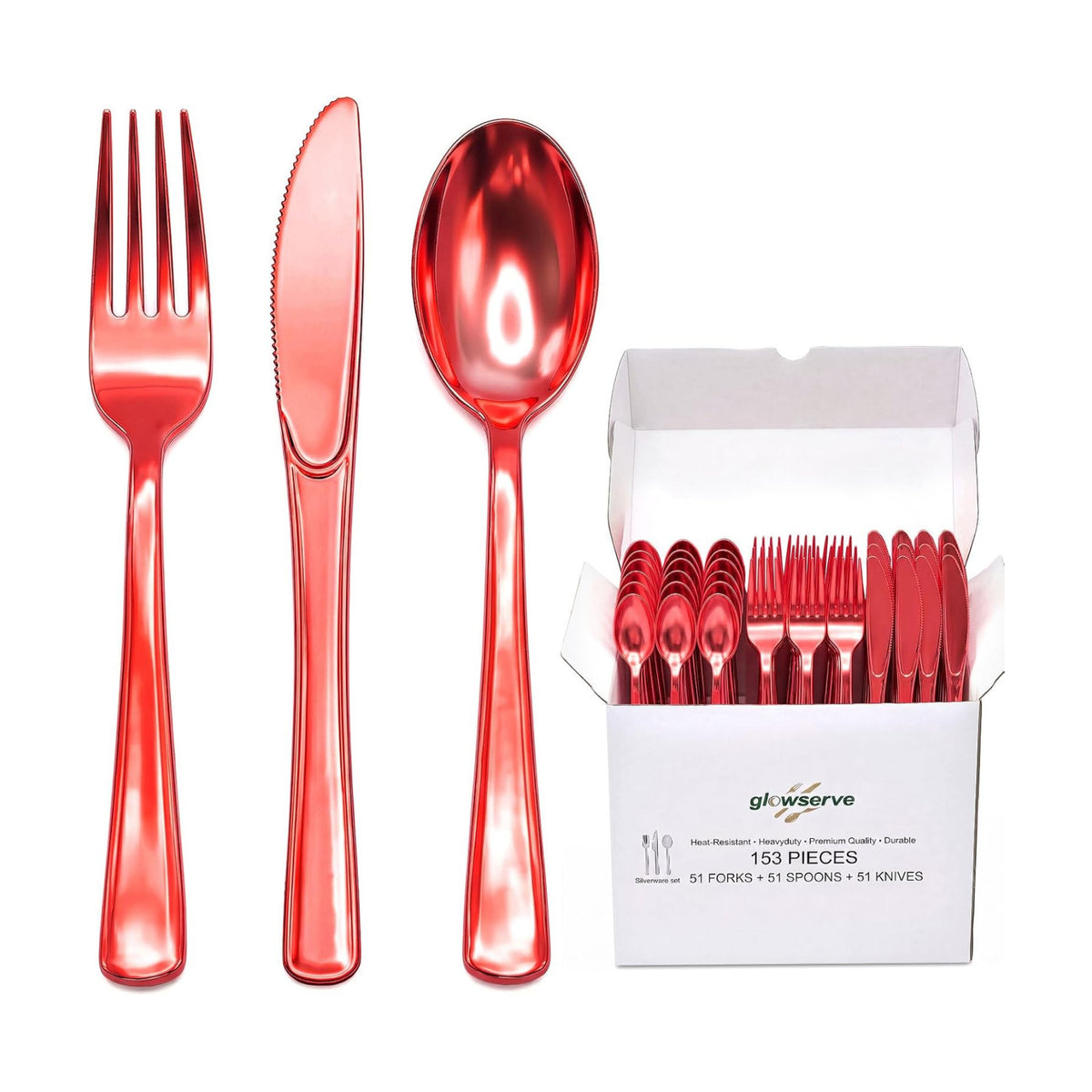 Glowserve 153 Pack Red Disposable Plastic Silverware Set Cutlery Set