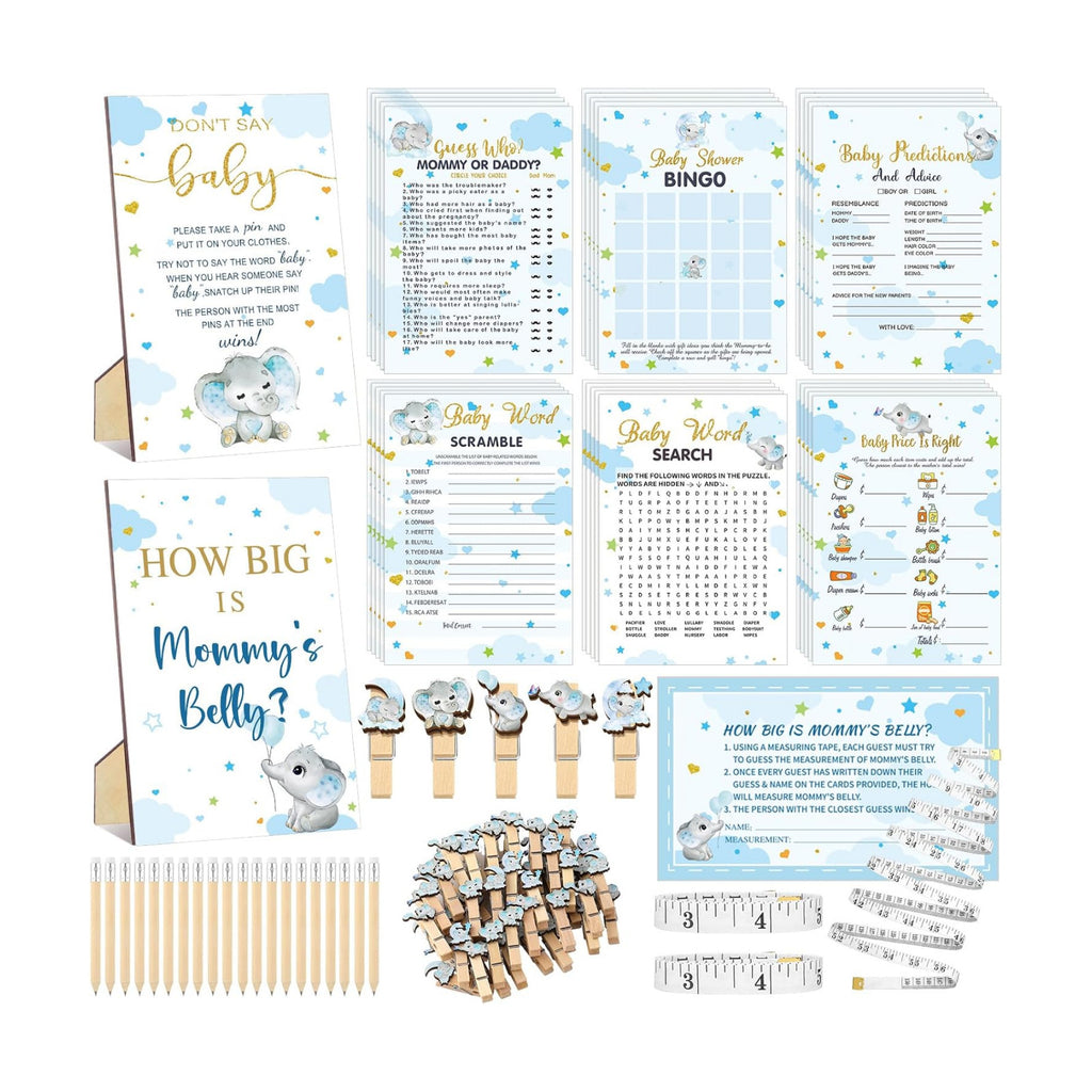 Funnymoom 426 Pcs Blue Elephant Baby Shower Games Set, 8 Activities