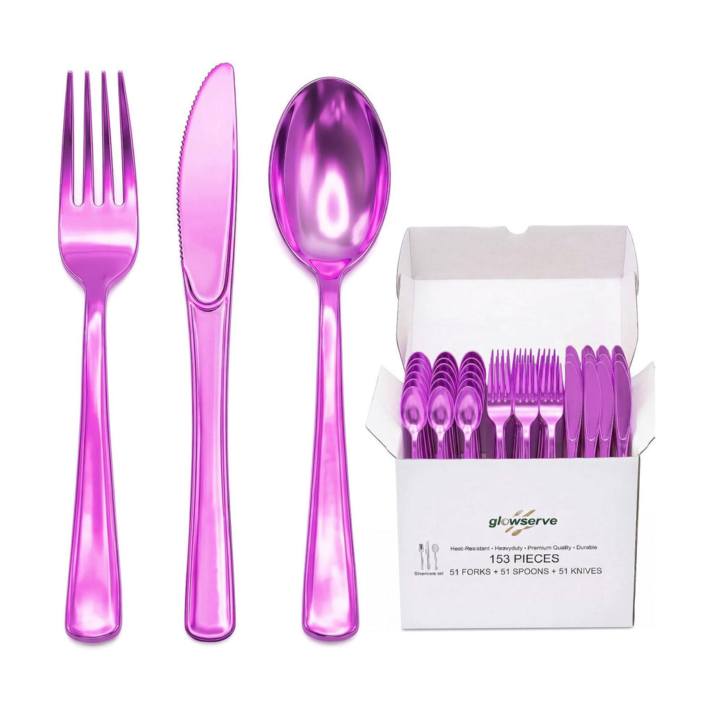 Glowserve 153 Pack Purple Disposable Plastic Silverware Set Cutlery Set
