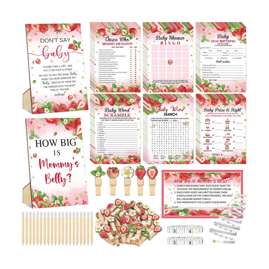 Funnymoom 426 Pcs Strawberry Baby Shower Games Set, 8 Games with Bingo