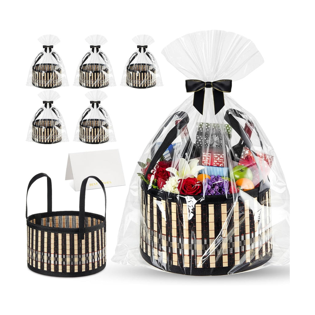 Weysat 6 Set Baskets for Gifts Empty Bulk, Large Woven Bamboo Gift Basket Kit with Handles, Bow, Wrap Bag to Fill for Raffle Thanksgiving Day Wedding Birthdays Party Wrapping (Black)