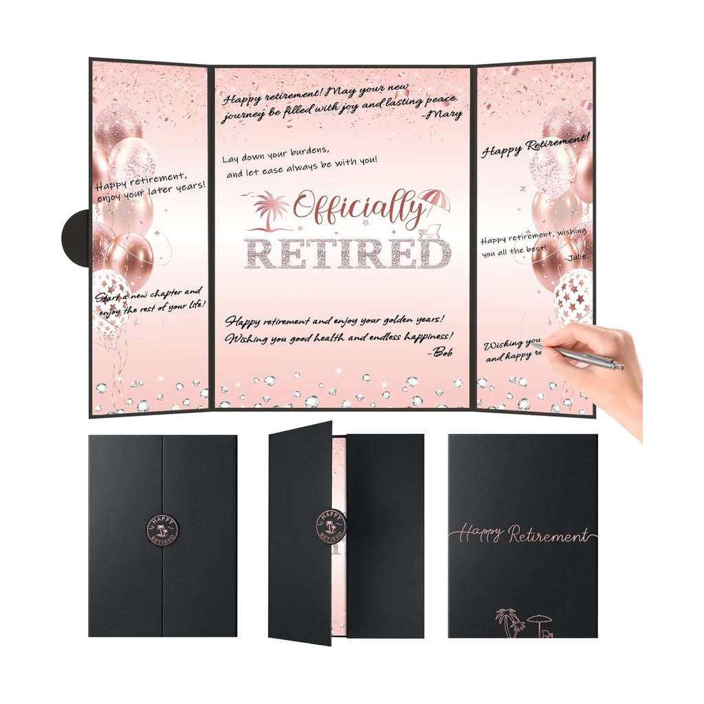 Retirement Party Decorations, Large Retird Card Signing Farewell Party Decorations Happy Retirement Guest Book Creative retirement Card for Men Women (Black Rose Gold)