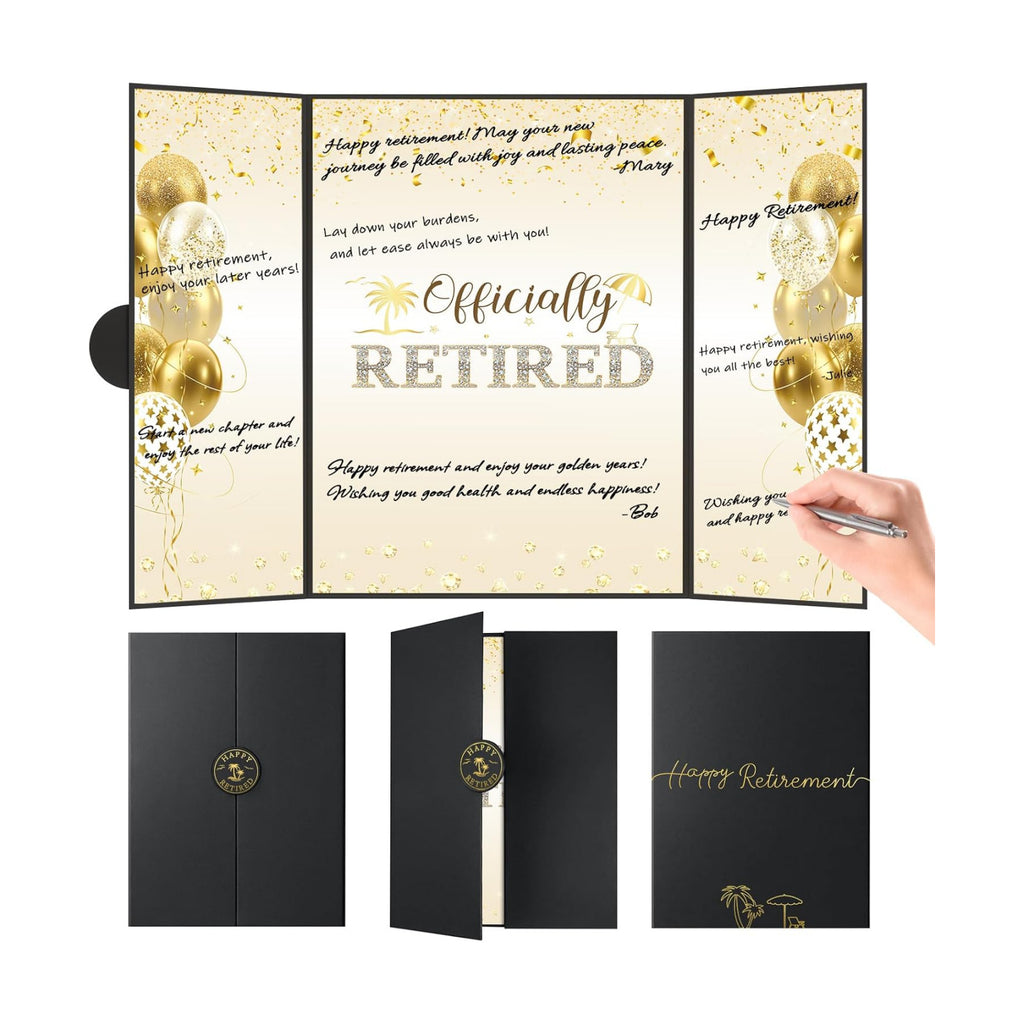 Retirement Party Decorations, Large Retird Card Signing Farewell Party Decorations Happy Retirement Guest Book Creative retirement Card for Men Women (Black Gold)