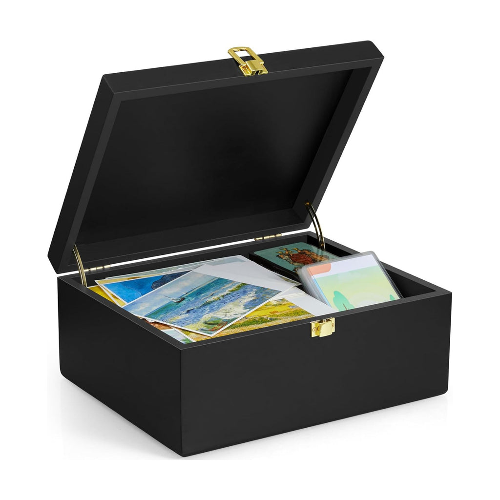 DRASTAR Large Wooden Keepsake Box, Black Memory Box, Decorative Storage Box with Hinged Lid, Large Card Box