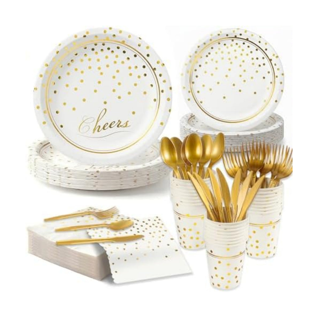 168Pcs White and Gold Paper Plates and Napkins Party Supplies for 24 Guest