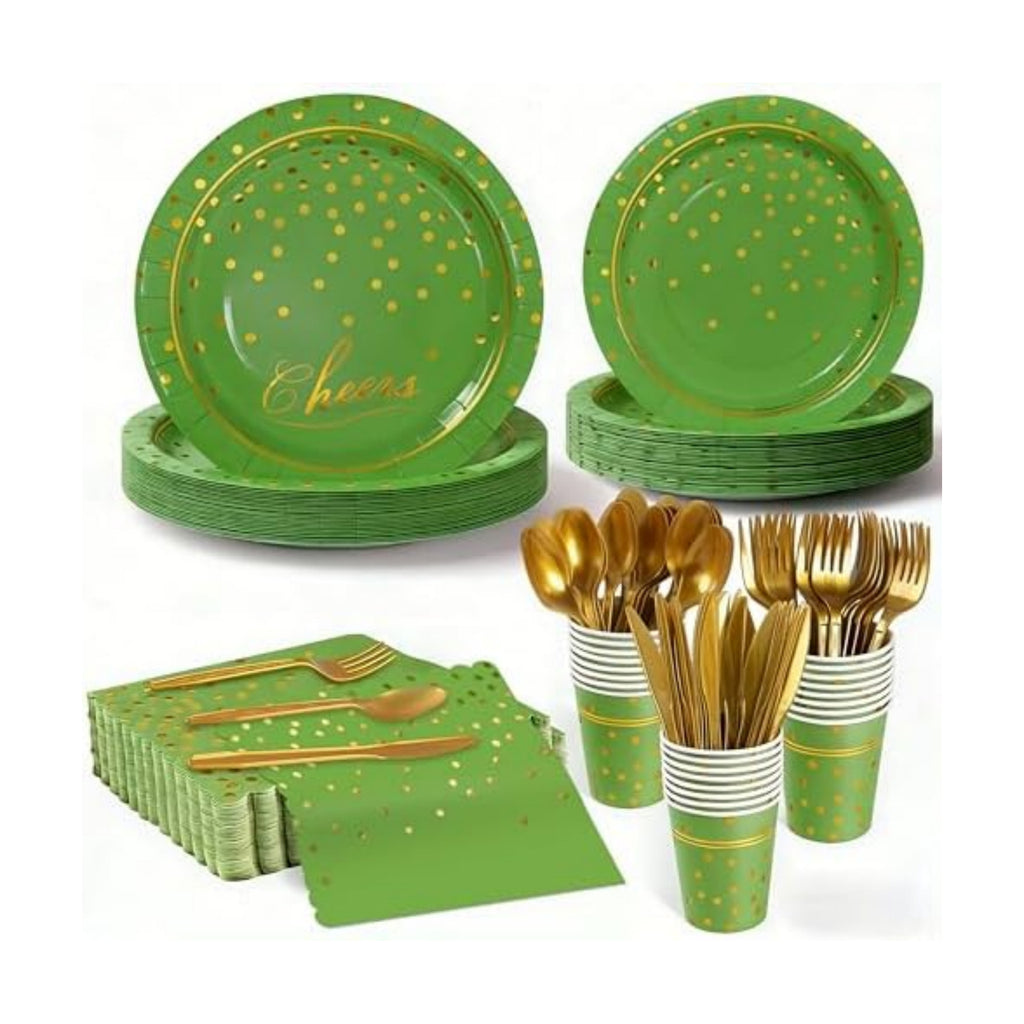 168Pcs Green and Gold Paper Plates and Napkins Party Supplies for 24 Guest