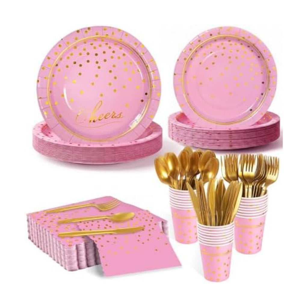 168Pcs Pink and Gold Paper Plates and Napkins Party Supplies for 24 Guest