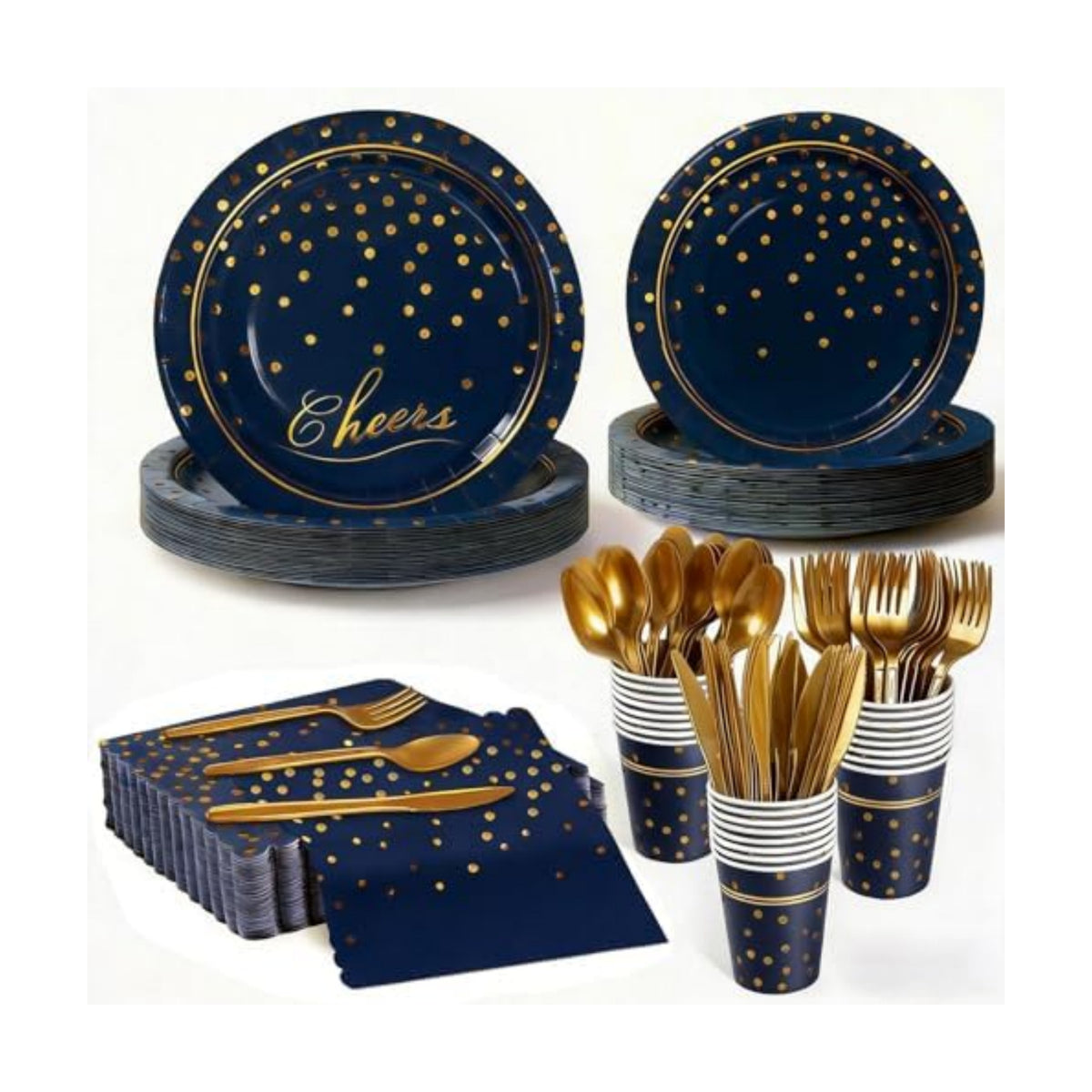 168Pcs Blue and Gold Paper Plates and Napkins Party Supplies for 24 Guest