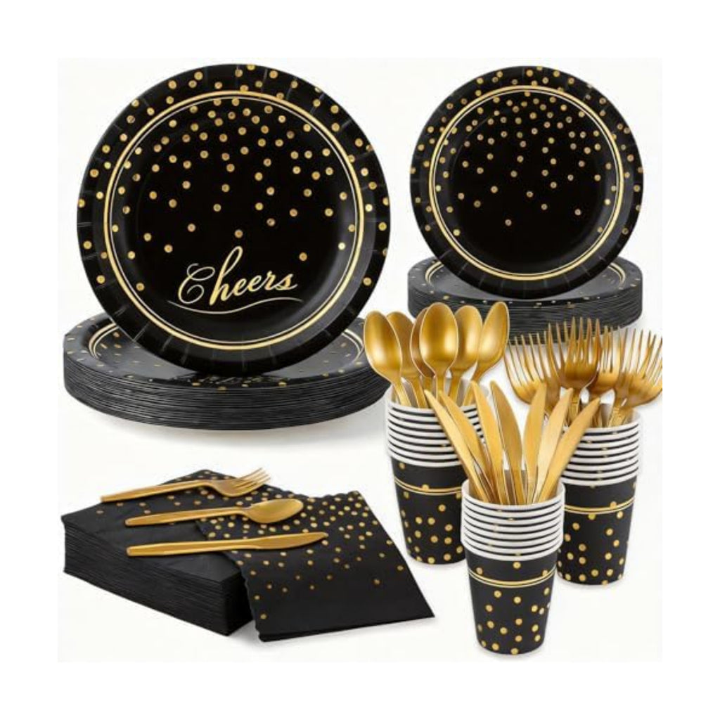 168Pcs Black and Gold Paper Plates and Napkins Party Supplies for 24 Guest