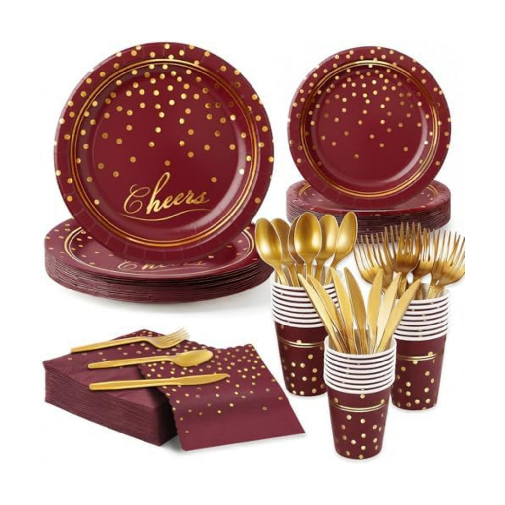 168Pcs Maroon and Gold Paper Plates and Napkins Party Supplies for 24 Guest