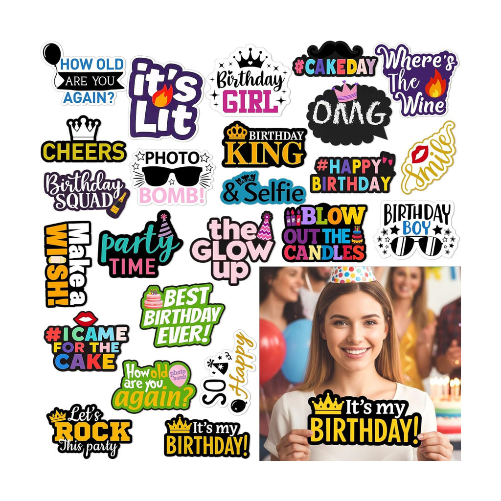 Beeveer 24 Pcs Birthday Photo Booth Props Single Sided 9" Photo Booth Props
