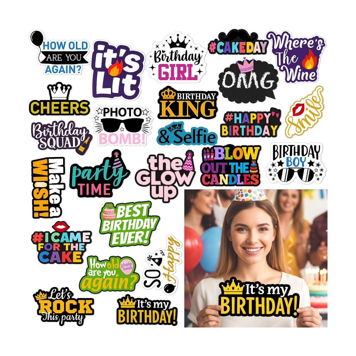Beeveer 24 Pcs Birthday Photo Booth Props Single Sided 9" Photo Booth Props