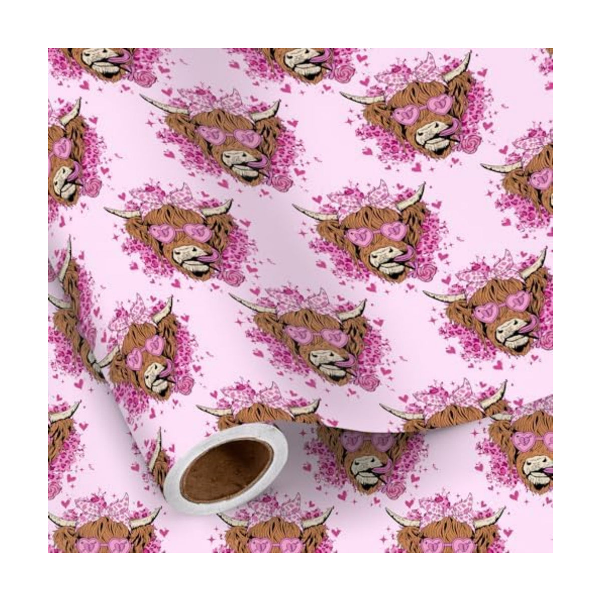 RUSPEPA Highland Cow Wrapping Paper Roll, Mini Roll, Floral Highland Cow with Heart Sunglasses Design, Pink Fun Gift Wrap for Kids, Girls, Valentine’s Day, Anniversary, Birthday, 17 Inches x 16.4 Feet