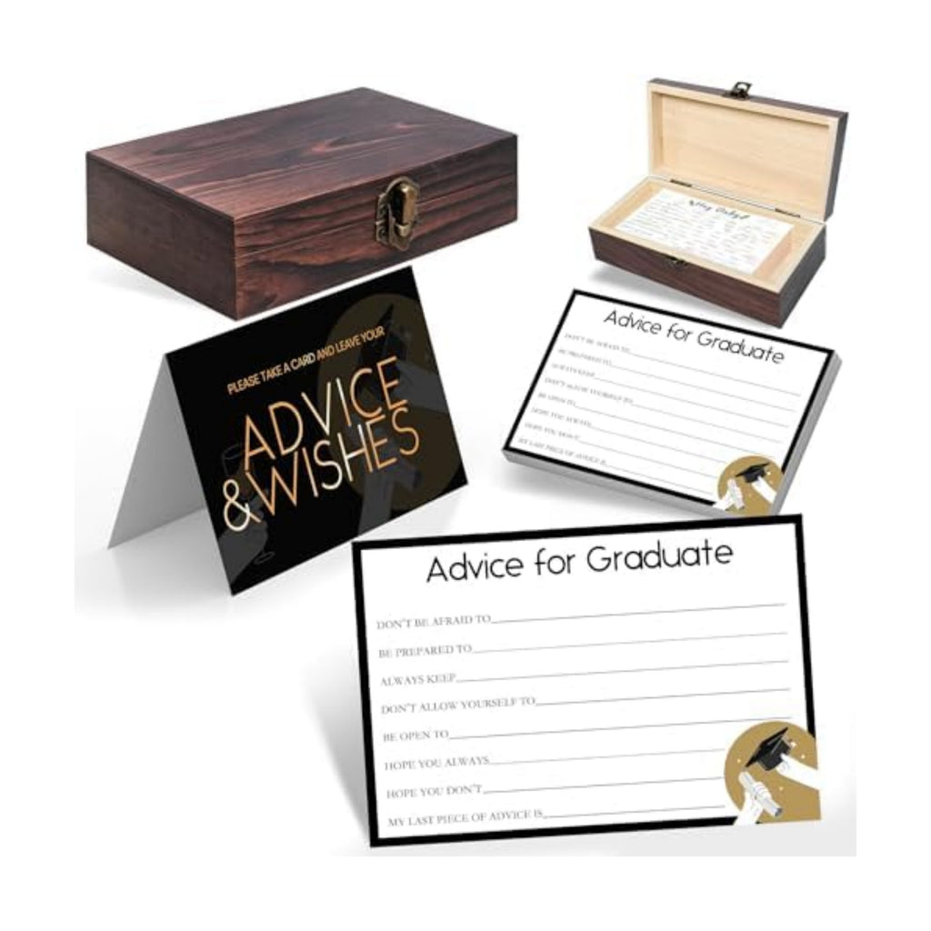 Graduation Advice Cards 2026 with Decorative Wood Box - 60 Pack 250GSM Wishes & Advice Cards for Graduate - High School & College Graduation Party Decorations, Guest Book Alternative, Sign Set
