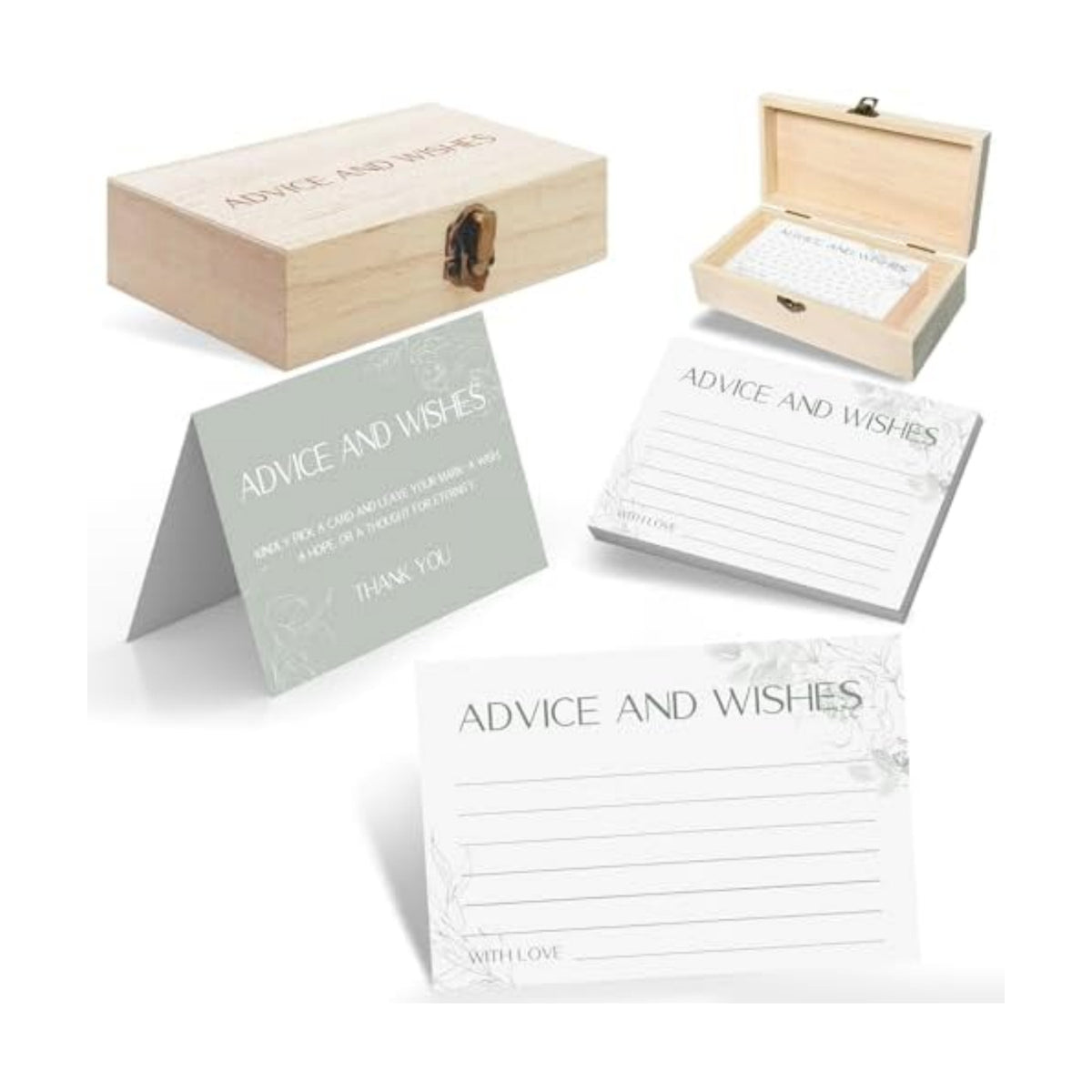Advice and Wishes for Mr and Mrs - 60 Sage Green Floral Wedding Cards with Wooden Keepsake Box - Elegant Bridal Shower, Anniversary and Graduation Message Set