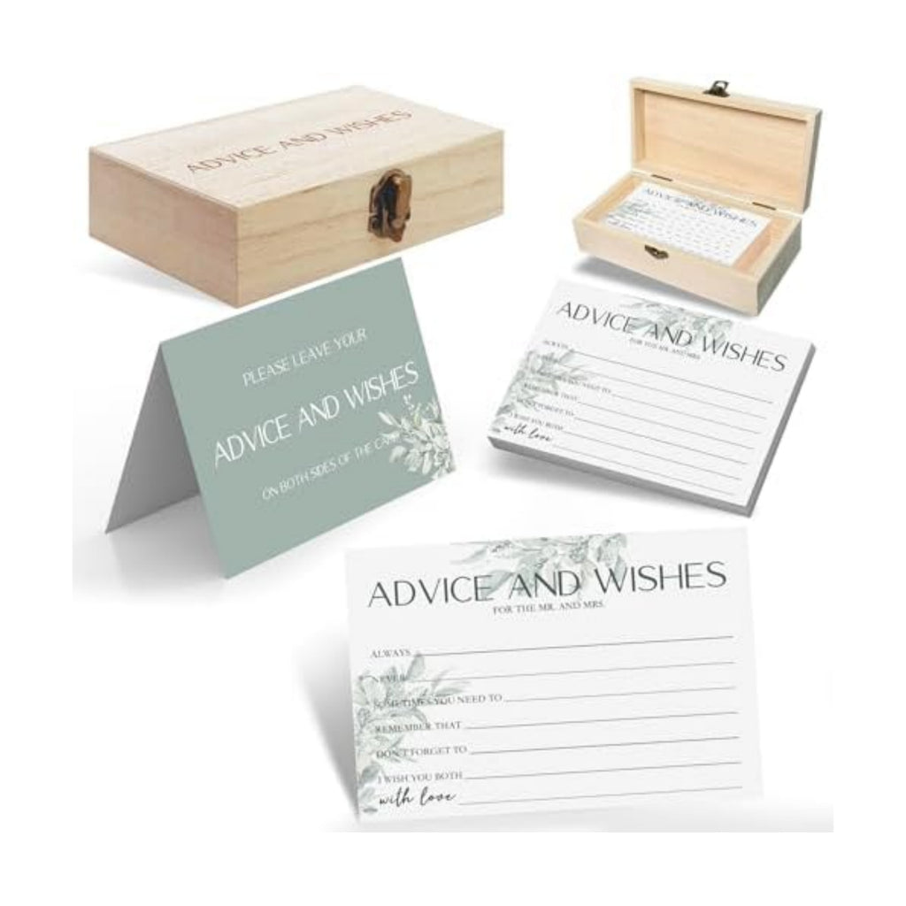 Advice & Wishes Cards Set - 60 Blank Cards with Keepsake Wooden Box, Sage Green Daesign - Perfect for Weddings, Anniversaries