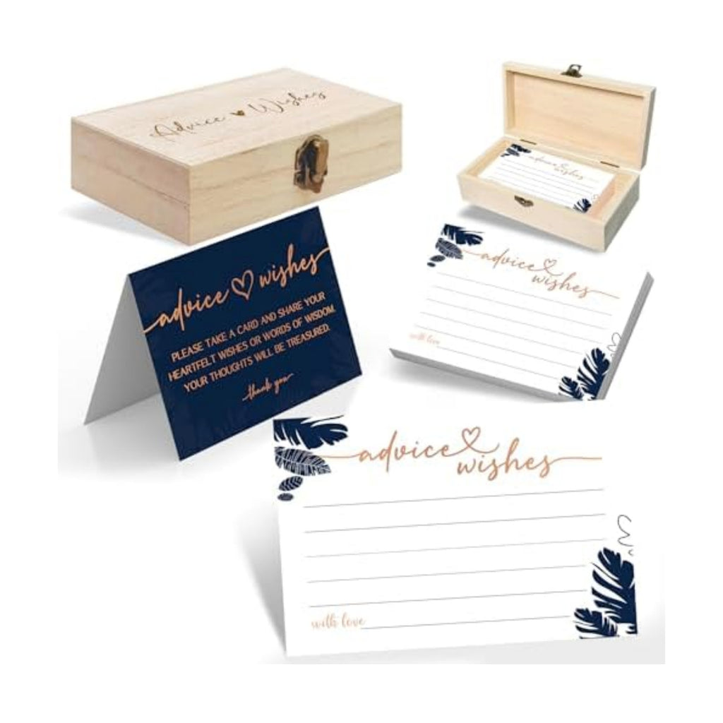 Navy Blue Advice and Wishes Cards with Decorative Wood Box - 60 Pack Tropical Palm Leaves Message Cards - Keepsake Guest Book Alternative for Graduation, Wedding, and Anniversary