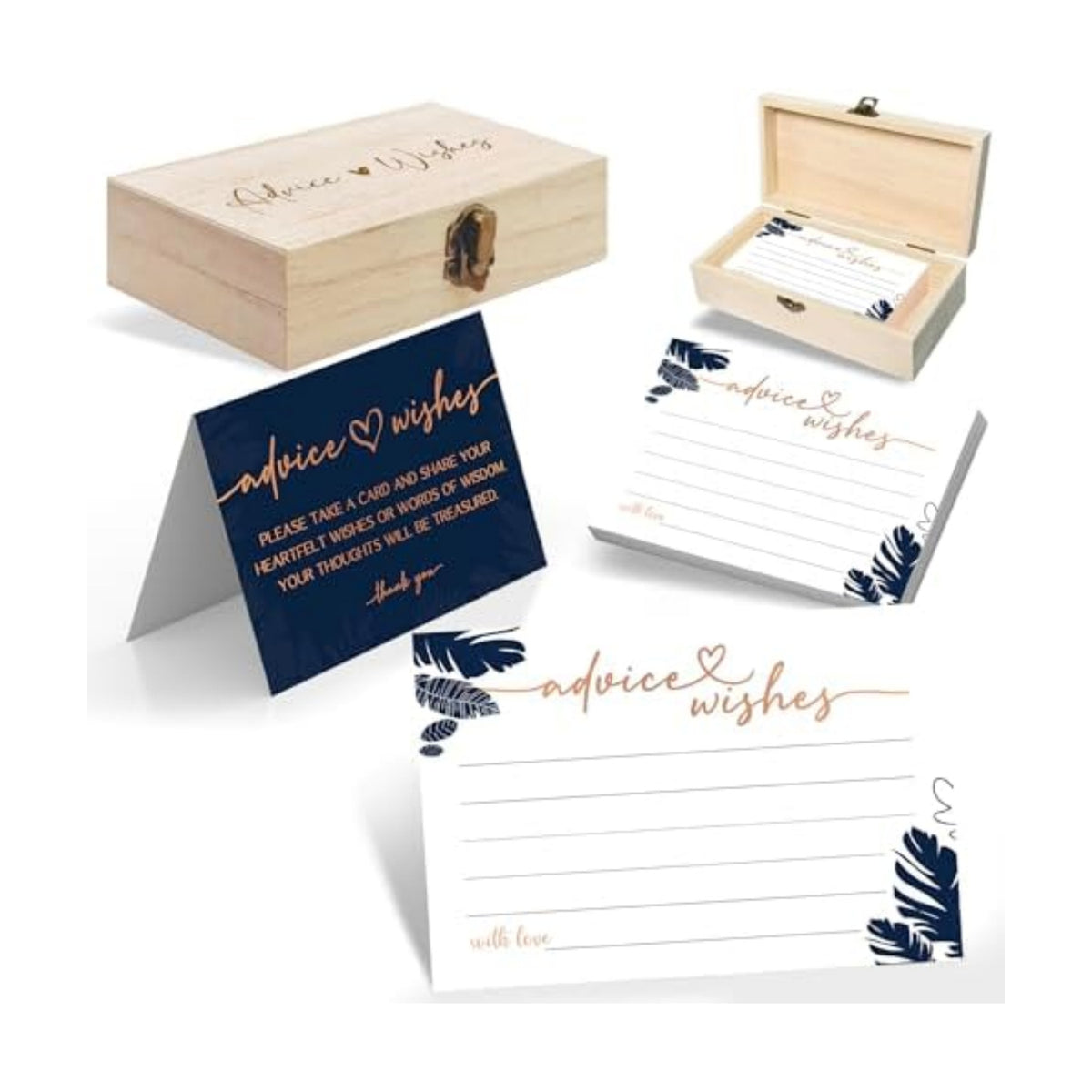 Navy Blue Advice and Wishes Cards with Decorative Wood Box - 60 Pack Tropical Palm Leaves Message Cards - Keepsake Guest Book Alternative for Graduation, Wedding, and Anniversary