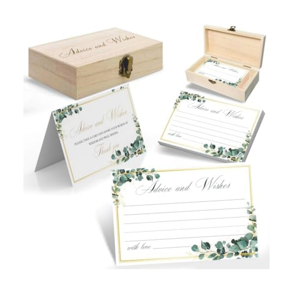 Eucalyptus Wedding Advice and Wishes Cards with Gift Box - 60 Greenery Marriage Advice Cards for Bride and Groom - Bridal Shower Games and Wedding Guest Book Alternative for Reception