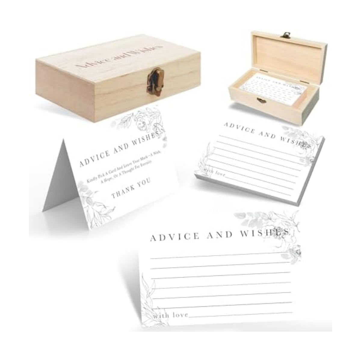 Advice & Wishes Cards Box - Elegant Floral Keepsake for Wedding, Baby Shower, Retirement - 60 Cards + Wooden Box & Stand