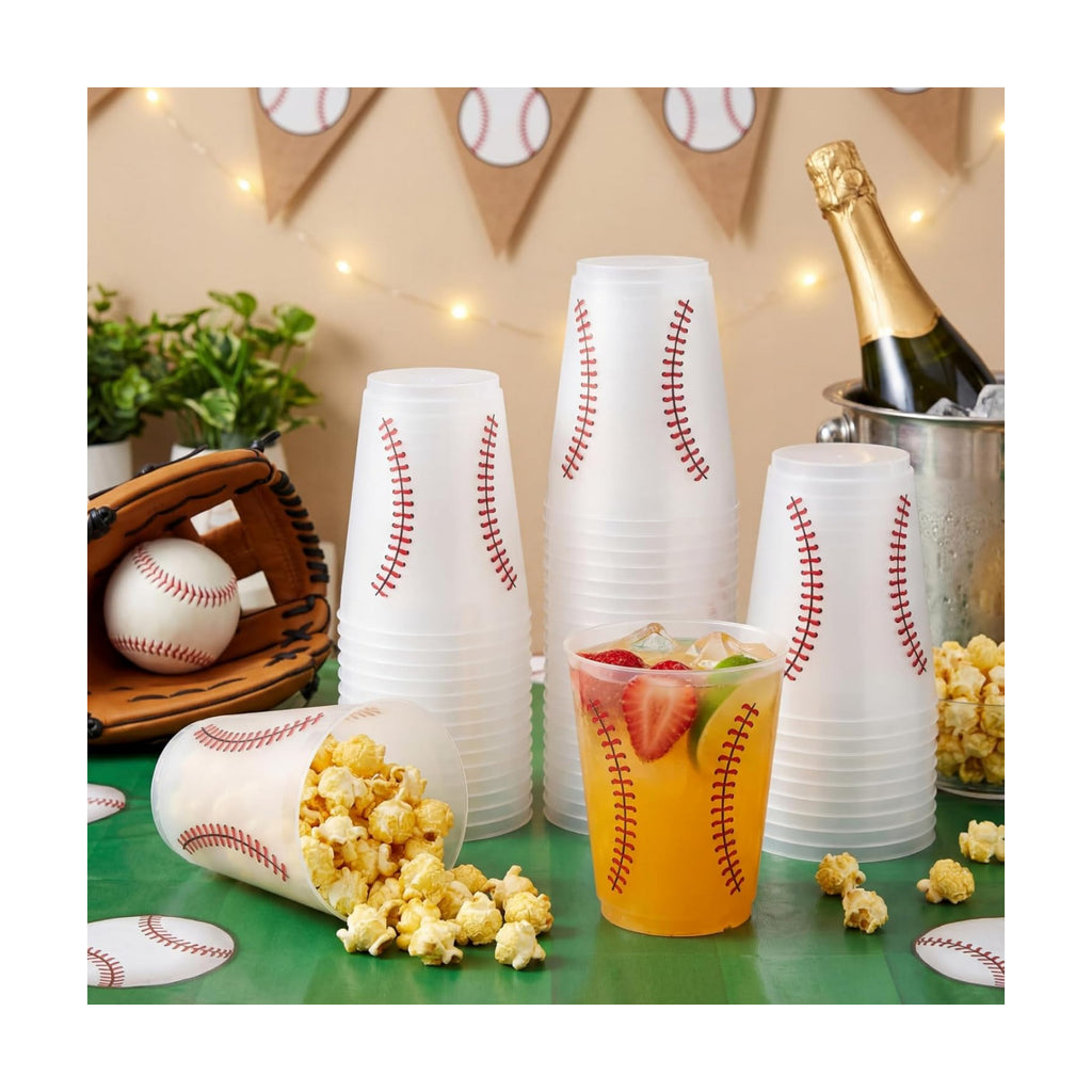 Tioncy 50 Pcs 16oz Baseball Frosted Plastic Cups, Baseball Plastic Cups, Clear PP Frosted Reusable Cup Bulk for Sports Game Party Decorations Hot Coffee Wine Cold Drinks Supplies