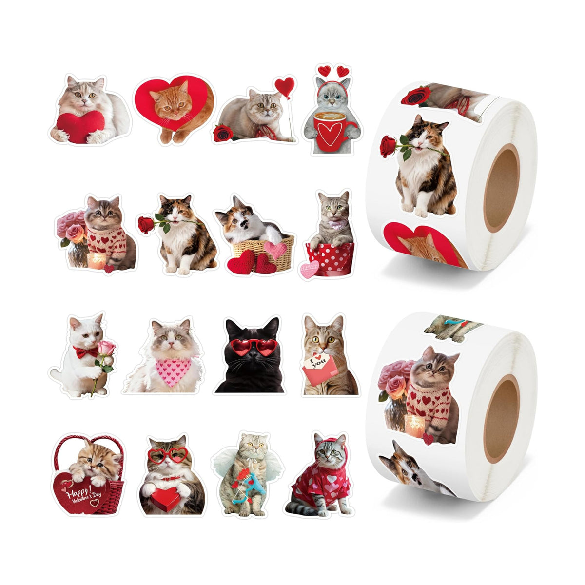 H1vojoxo Valentine’s Day Sticker Rolls - 1000PCS Valentine’s Day Holiday Cat Stickers for Kids Classroom 16 Design Valentines Cute Cat Sticker for Craft Valentines Funny Cats Stickers for Envelope