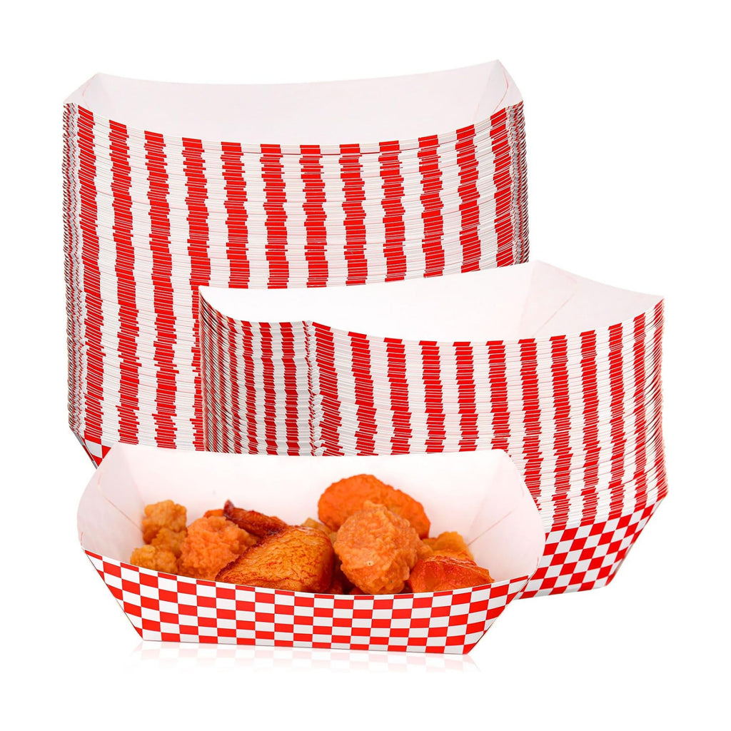 100 Pcs Gingham Party Supply Disposable Paper Food Trays Bulk, Red White
