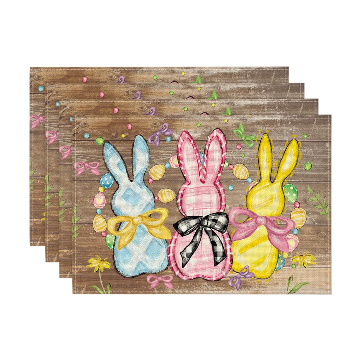 Artoid Mode Wood Bunny Rabbits Eggs Easter Placemats Set of 4, 12x18 Inch Floral Bow Seasonal Spring Holiday Table Mats for Party Kitchen Dining Decoration