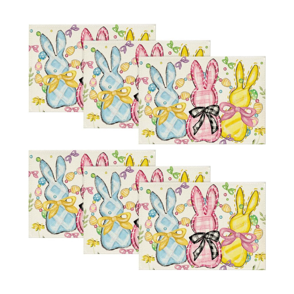 Artoid Mode Bunny Rabbits Eggs Easter Placemats Set of 6, 12x18 Inch Floral Bow Seasonal Spring Holiday Table Mats for Party Kitchen Dining Decoration