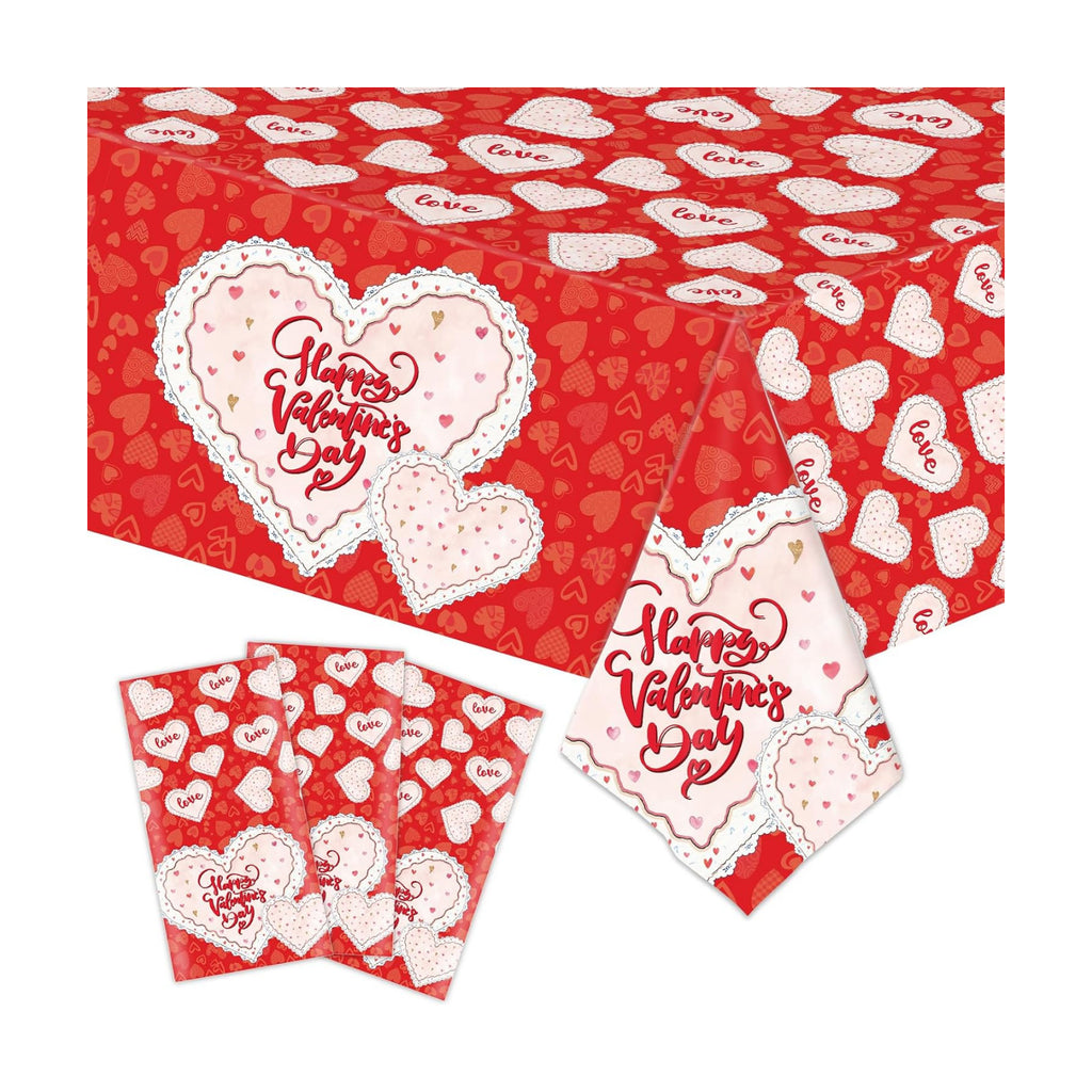 Valentines Day Tablecloth, Classic Red and White Lace-Heart Plastic Rectangle Disposable Valentine Tablecloth, Valentines Decorations for Party, Romantic Valentines Decor 54 x 108 Inch, 3 Pack