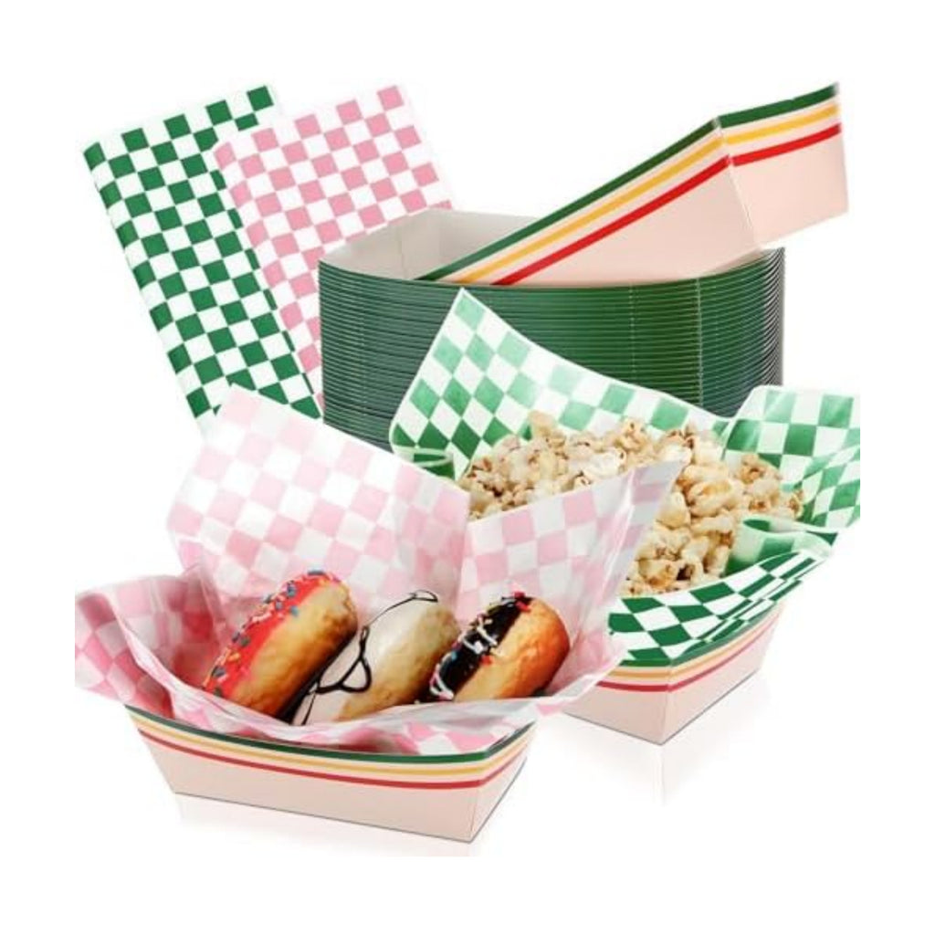 Geosar 100 Pcs Gingham Paper Food Tray with Wax Paper,Pink Green