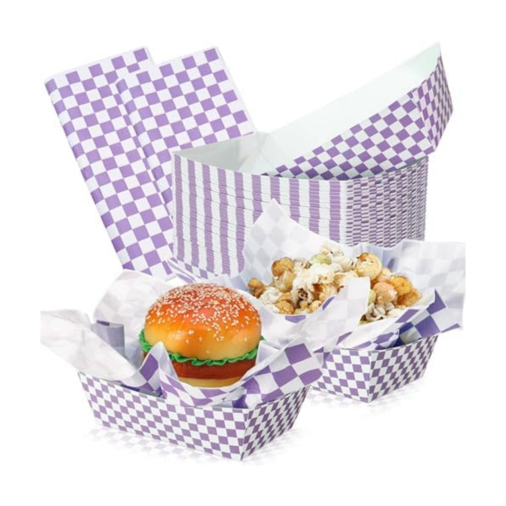 Geosar 100 Pcs Gingham Paper Food Tray with Wax Paper,Purple White