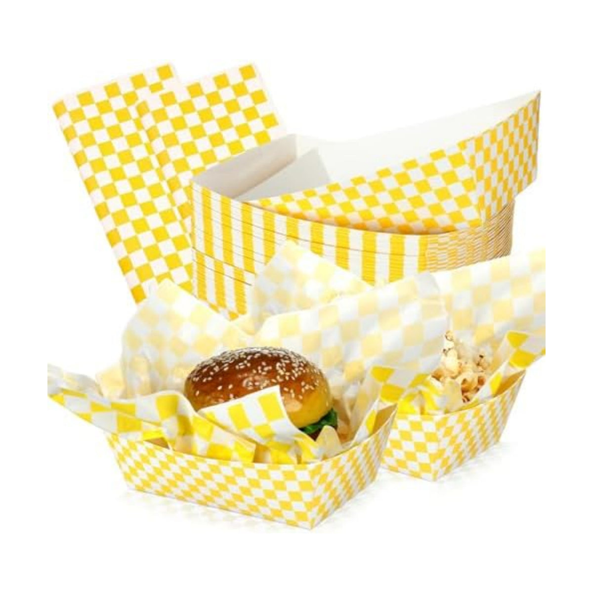 Geosar 100 Pcs Gingham Paper Food Tray with Wax Paper,Yellow White