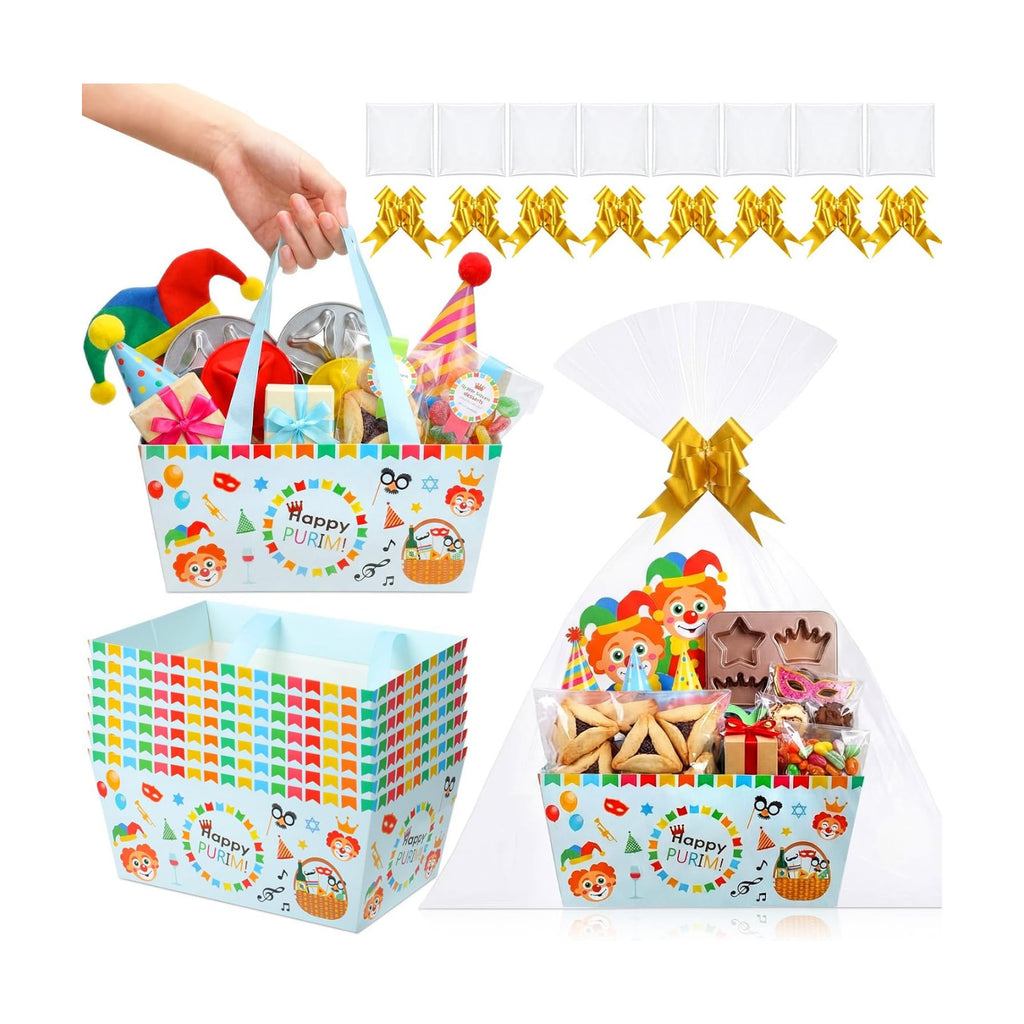 Moinchore 12 Set Happy Purim Basket for Gifts Empty 9.8x6.5'' Clown Market Tray Cardboard with Bows, Cellophane Bags, Twist Tiles, Empty to Fill for Purim Birthday Bridal Wedding Party Supply
