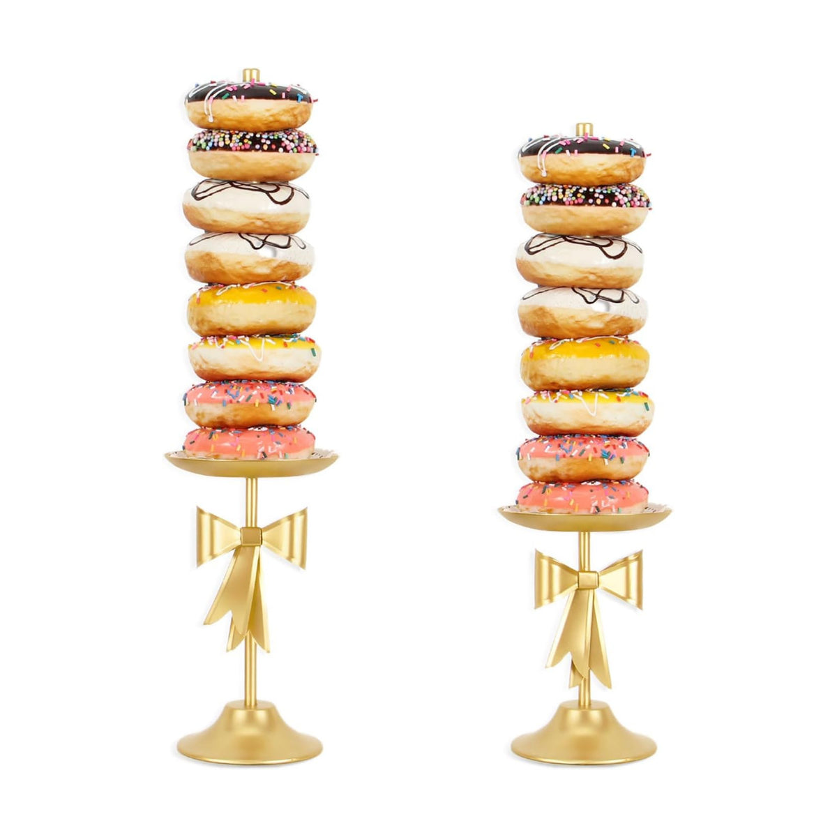 AIM & GGKK Gold Bow Donut Stand, 2 Pieces Metal Donut Display Stand Set for Wedding Birthday Party Dessert Table Decorations, Elegant Gold Bow Design Tower Holder for Donuts Bagels, Party Supplies
