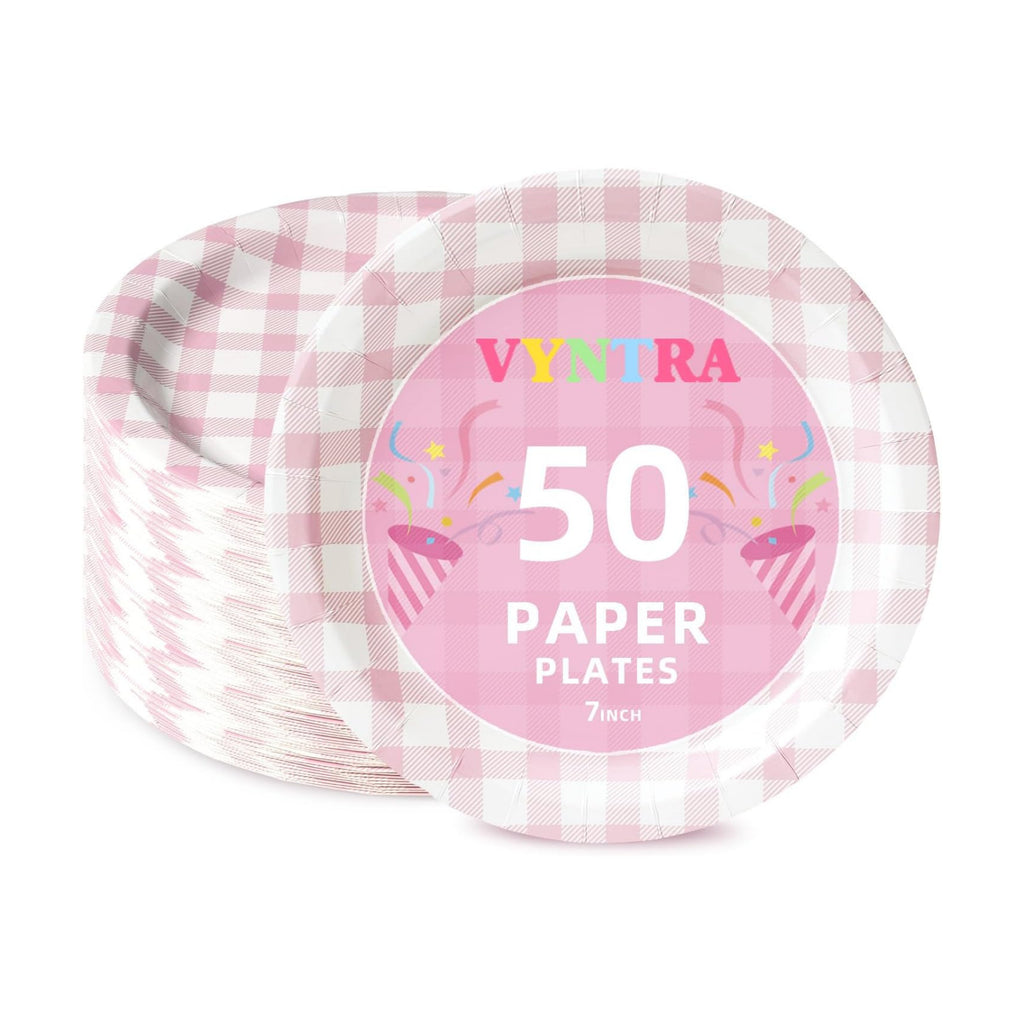 Vyntra 50 Pcs Pink Gingham 7 Inch Round Paper Dessert Plates