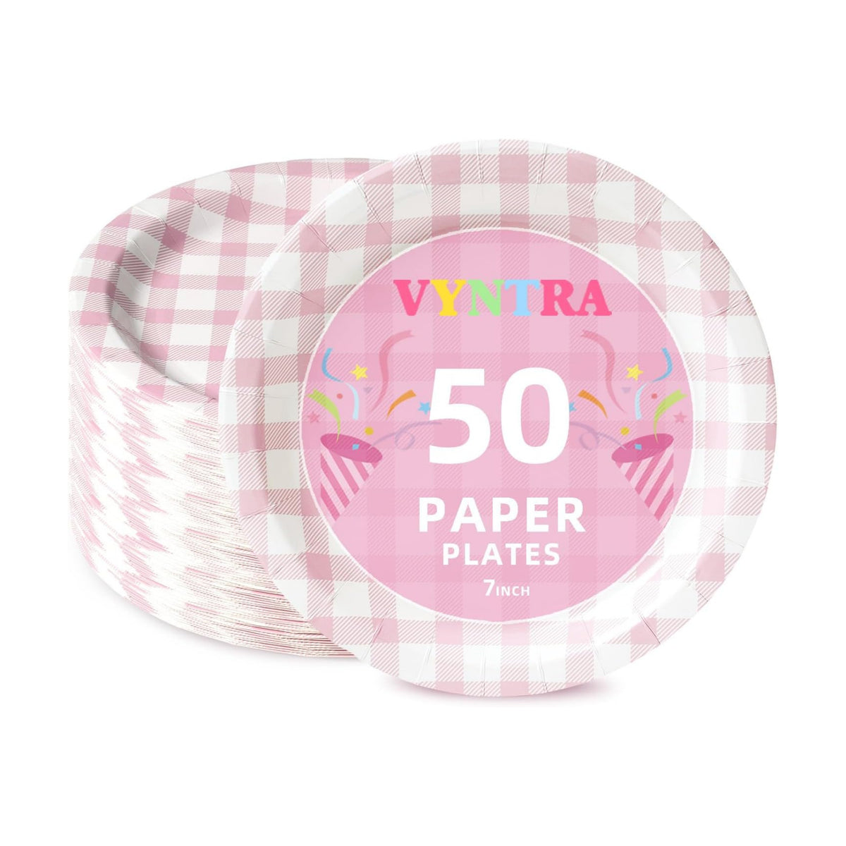 Vyntra 50 Pcs Pink Gingham 7 Inch Round Paper Dessert Plates