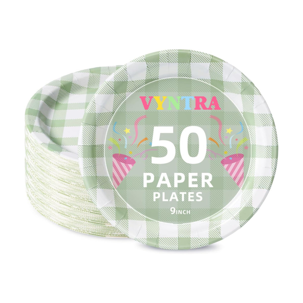Vyntra 50 Pcs Sage Green Gingham 9 Inch Round Paper Dinner Plates