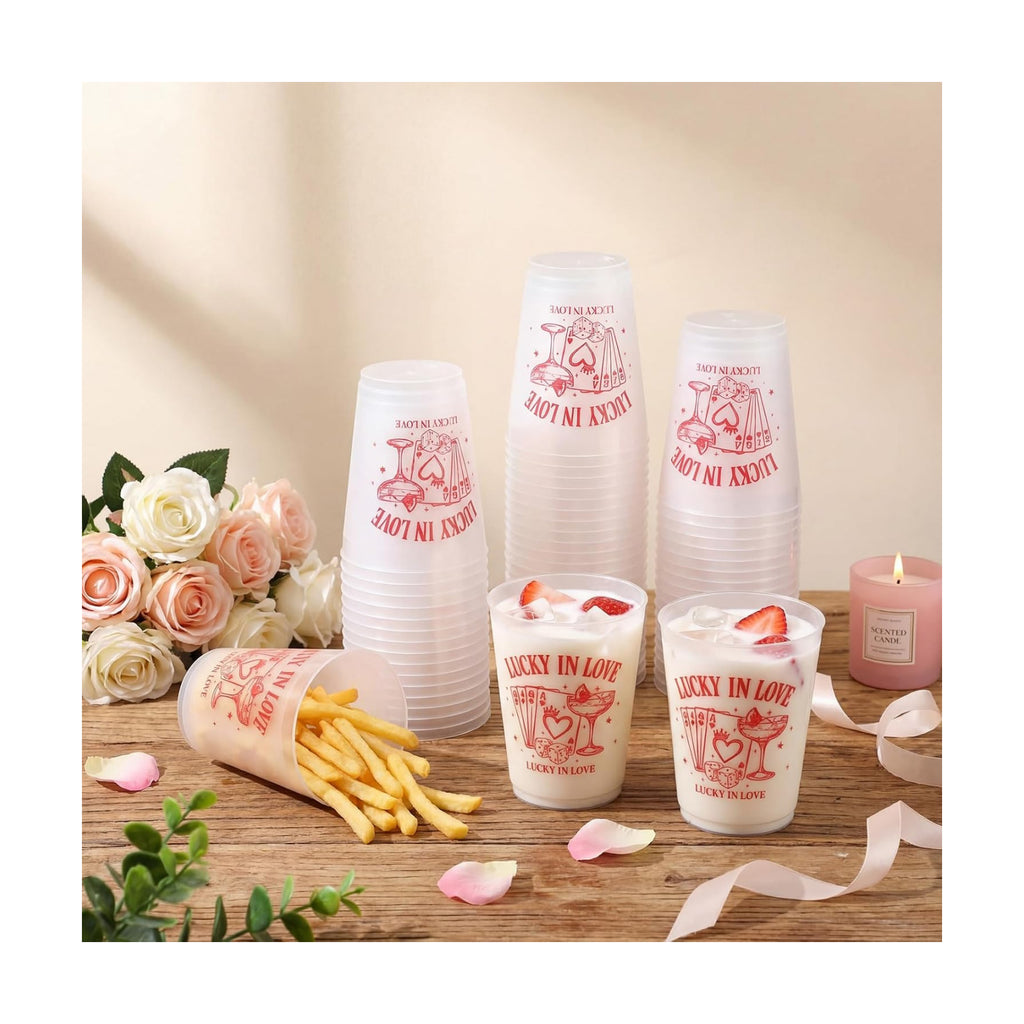Tioncy 50 Pcs 16oz Lucky in Love Frosted Cups Bachelorette Party Plastic Cup Lucky in Love Plastic Cup, Las Vegas Bachelorette Reusable Bulk for Valentine Party Drink Supplies