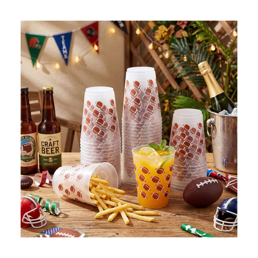 Tioncy 50 Pcs 16oz Football Frosted Plastic Cups, Football Plastic Cups, Clear PP Frosted Reusable Cup Bulk for Sports Game Party Decorations Hot Coffee Wine Cold Drinks Supplies