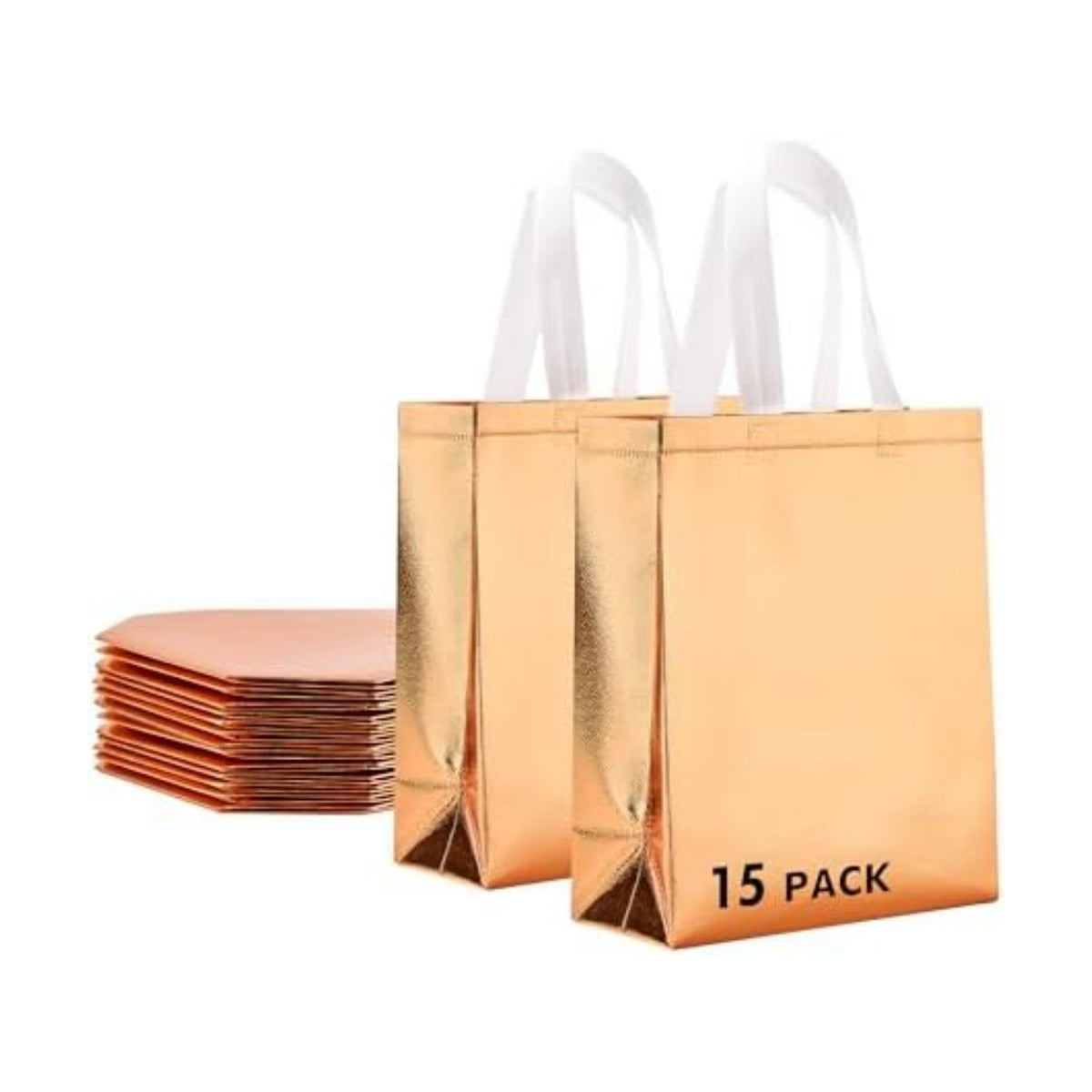RACETOP 15 Pcs Rose Gold Reusable Gift Bags Bulk, 8x4x10 Inch Elegant Non-woven Sparkle Gift Bags for Birthday, Wedding, Party Favors, Fashion Accessories Packaging