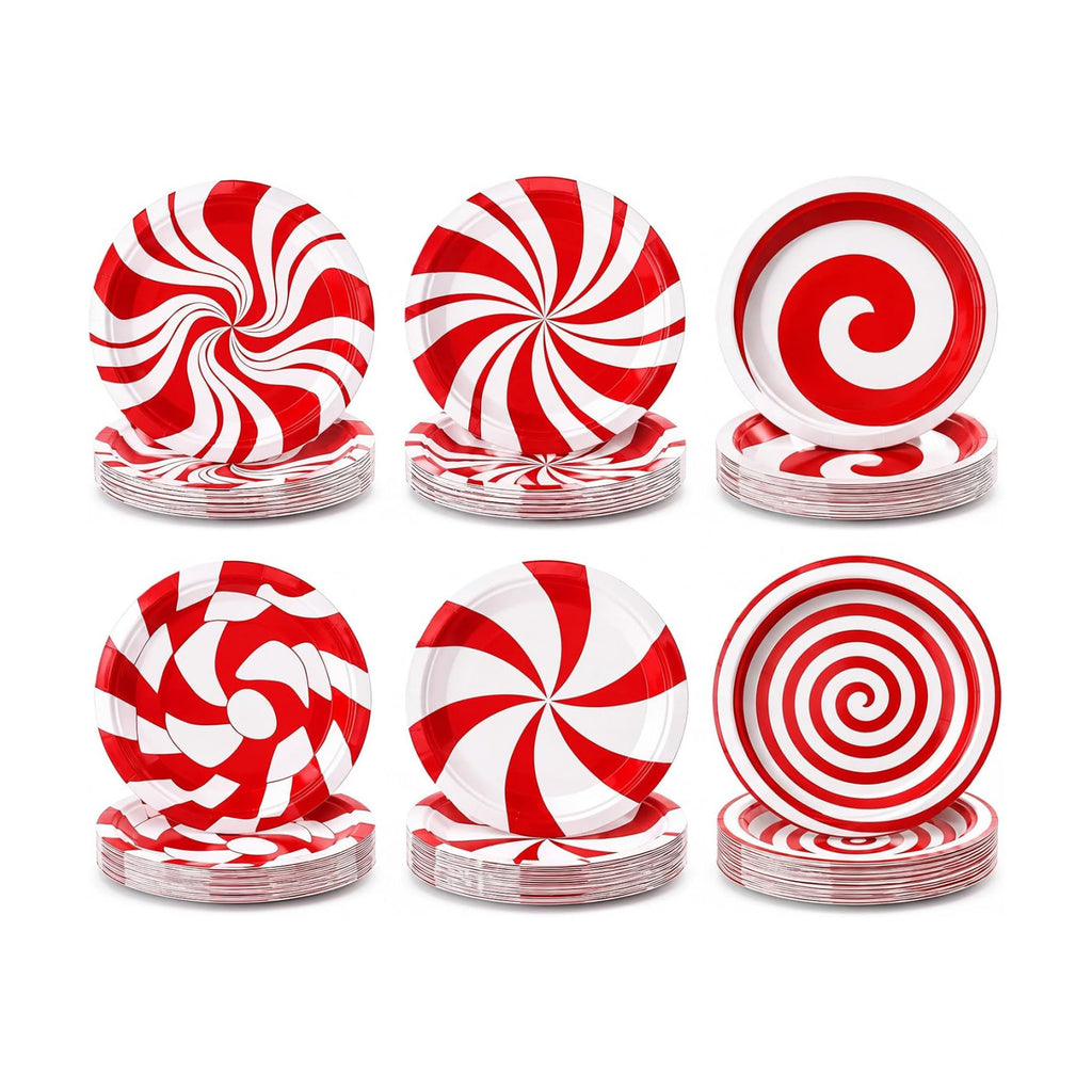 Fourluoo 96 Pcs Christmas Candy Paper Plates 7 Inch Christmas Disposable Peppermint Dinner Plates for Xmas Birthday Party Table Decoration Supplies