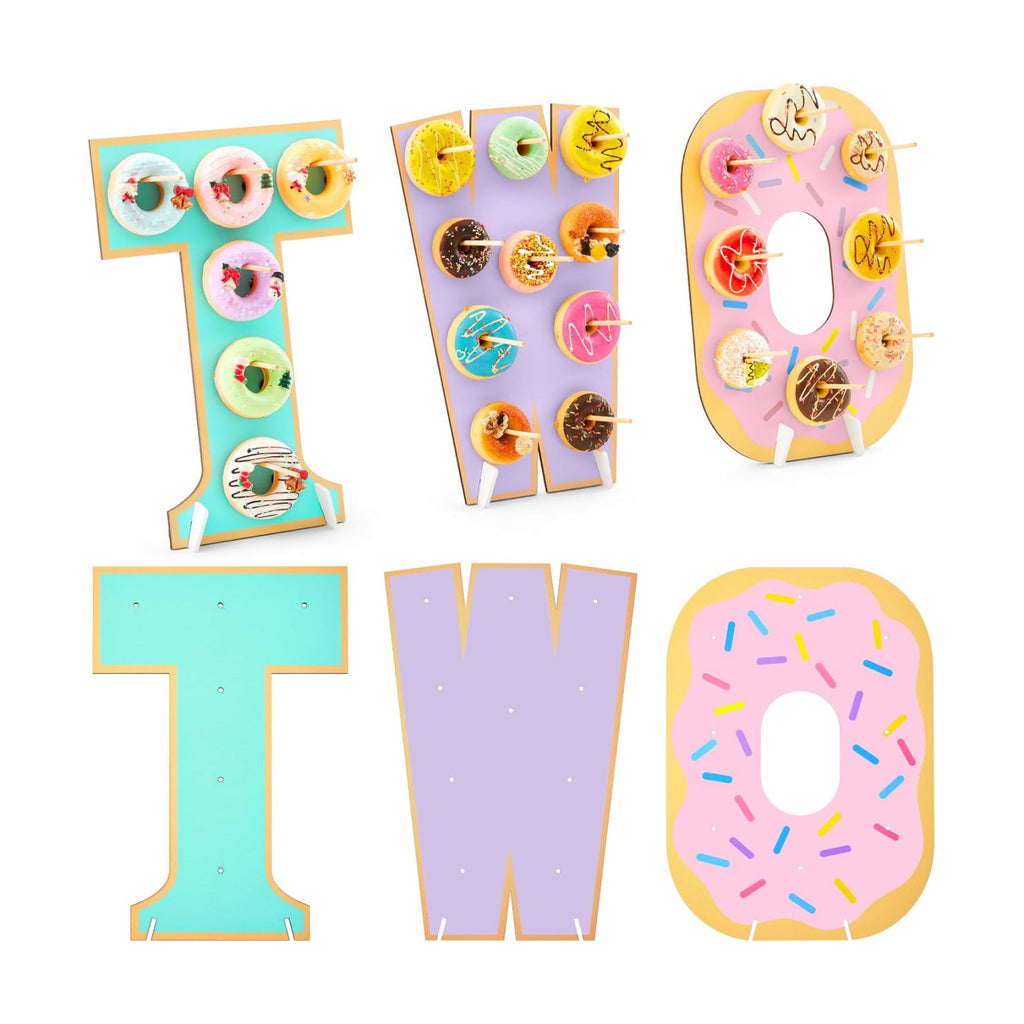 Lallisa 3 Pack Sweet Two Donut Stands, Wooden Doughnut Display Stand with Bases and Pegs, Donut Holder for Dessert Table, 2nd Birthday Decorations, Sweet Two Theme Party Decor for Kids